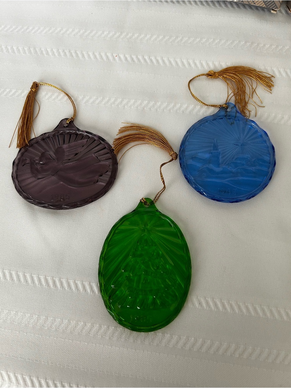 Vintage Set of 3 Avon Christmas Ornaments Fostoria Glass Angel Tree Village Gold